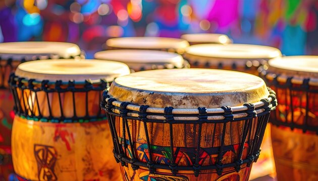 A vibrant collection of African percussion drums, ready for energetic musical performance.