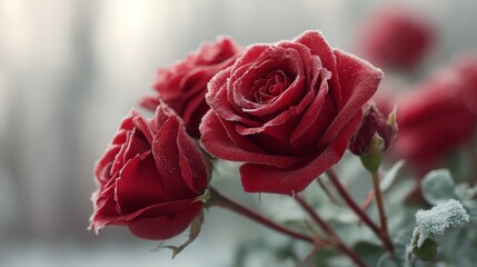 close up of frosted red rose flowers