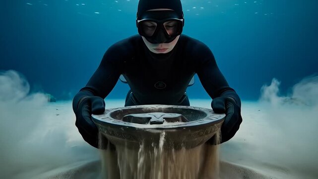 Man in wetsuit underwater exploration.