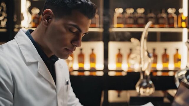 Man in lab coat tasting whiskey.