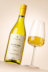 Naklejka premium White wine bottle mockup with glass