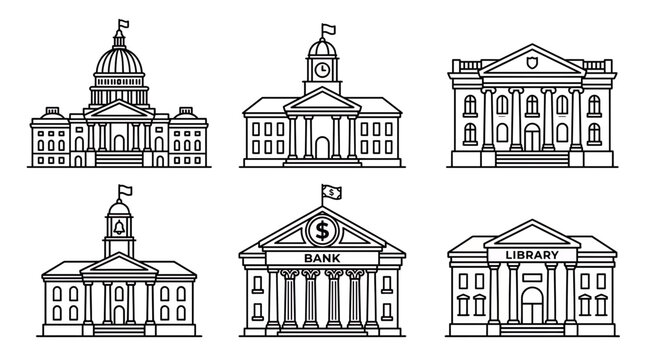 Minimalist set of line art icons featuring classic public buildings like capitol bank library and city hall on white background, symbolizing institutional infrastructure or service branding