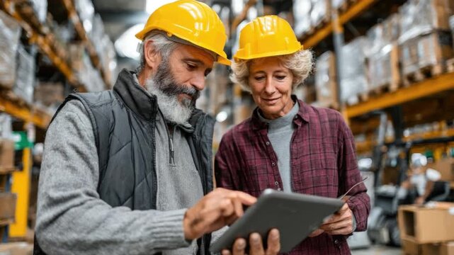 Warehouse Collaboration: A pair of warehouse workers in protective helmets collaborates, focusing on a digital tablet amid a backdrop of neatly organized storage racks.