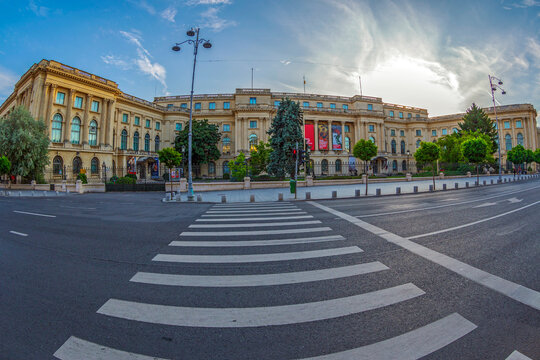 BUCHAREST, ROMANIA - JULY 17,2018: Royal Palace, built according to the plans of the architect Nicolae Nenciulescu and finished in 1937.Building is U-shaped, with an courtyard open to Calea Victoriei.