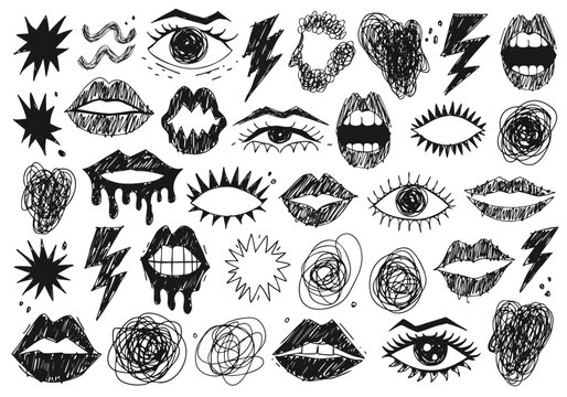 A collection of thirty-two black ink drawings featuring various human lips eyes lightning bolts and tangled scribbles is arranged on a white background.