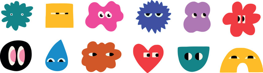 Colorful cartoon vector set of abstract paint splashes and strokes with cute fun character illustrations © Swarnali