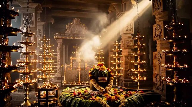 Shiva Lingam adorned with vibrant offerings in an ancient Hindu temple, surrounded by numerous flickering oil lamps and sacred smoke rising video.