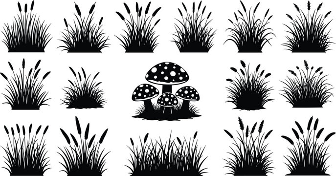 Black silhouette illustration collection featuring diverse grass plants and spotted mushrooms, botanical ecology design elements ideal for educational materials, decorative artwork, and natural 
