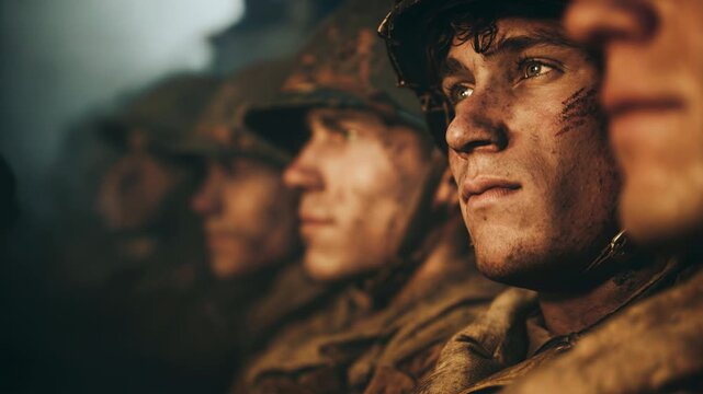Line of battle worn soldiers illuminated by warm sunlight reflecting determination unity and quiet resolve before entering conflict with cinematic realism during frontline warfare