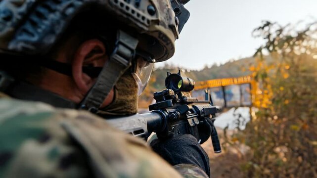 Modern infantry soldier aiming rifle through optic sight demonstrating focus tactical awareness and precision during military operation with cinematic realism during active combat
