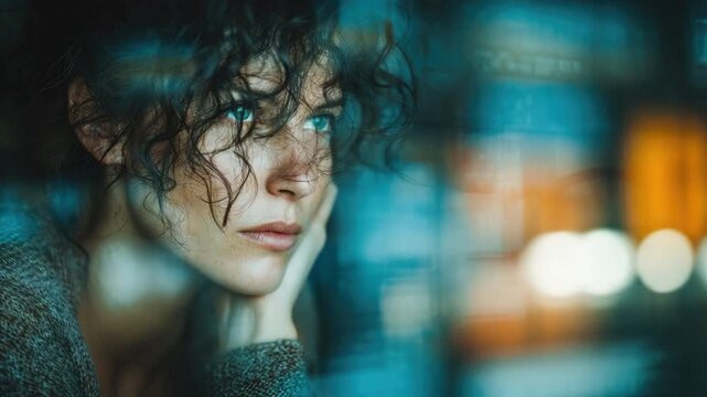 Thoughtful Gaze: A captivating portrait of a woman lost in thought, her eyes gazing thoughtfully, reflecting a sense of introspection and serenity. 