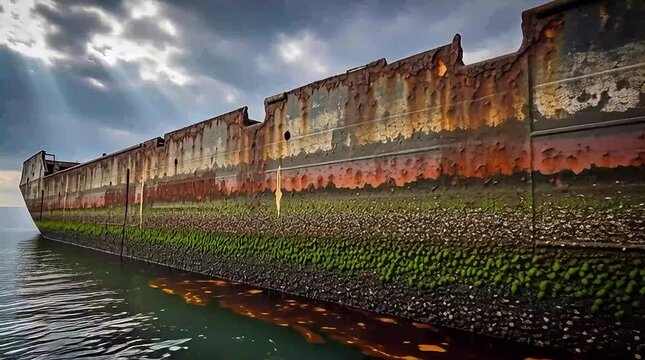 Rusted shipwreck hull slowly reflecting in the calm ocean water under a dramatic cloudy sky, conveying decay and historical maritime motion footage.