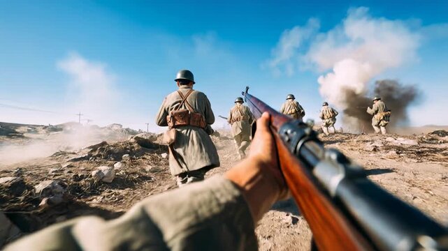 First person view soldier advancing behind squad across dusty battlefield while aiming rifle forward during attack with cinematic realism during frontline warfare
