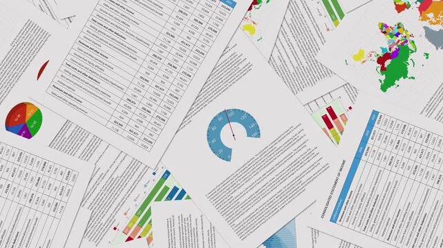Scattered paper financial reports and business charts panning horizontally, document flow and data overload illustration.