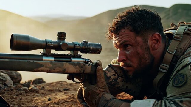 Battle hardened sniper aiming rifle across rocky terrain with intense focus during tense military engagement with cinematic realism during frontline warfare during active combat