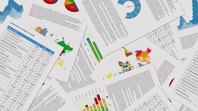 Scattered financial reports and business charts panning vertically, document flow and data overload illustration.