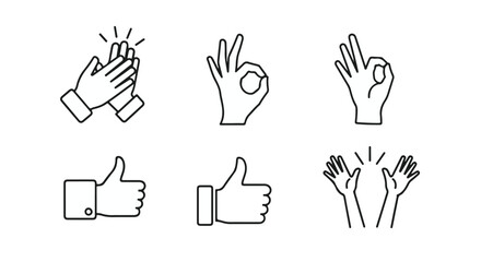 Fototapeta premium Set of Hand Gesture Line Icons. Clapping Hands, Thumbs Up, and OK Sign Vector Collection. isolated PNG with Transparent Background
