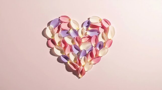 Delicate multicolored flower petals carefully arranged into a perfect heart shape suggesting romantic motion footage