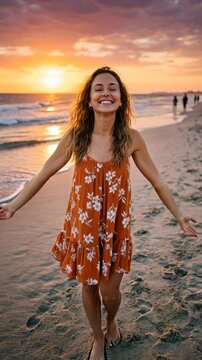 Joyful woman in orange dress dancing on beach at sunset