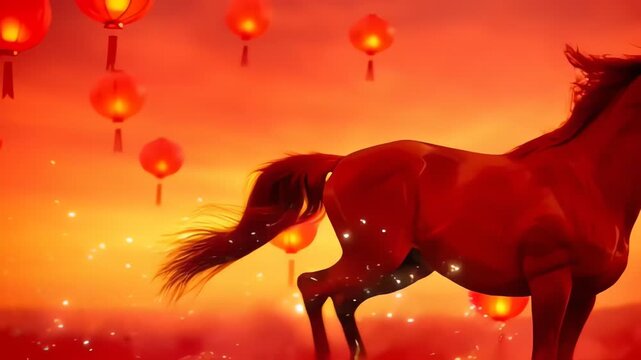 Majestic Red Horse Galloping Through Floating Chinese Lanterns
