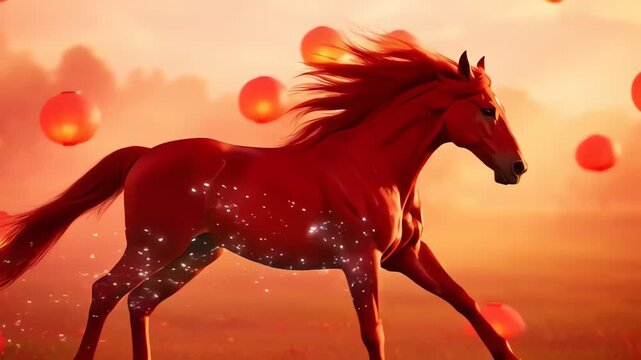 Majestic red horse galloping amidst glowing floating lanterns
