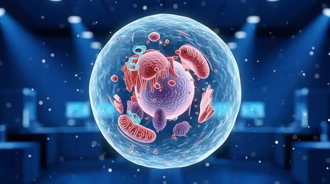 Detailed three dimensional animation footage illustrating complex eukaryotic cell structure and internal organelle functions in motion