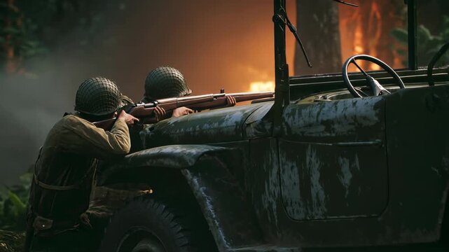 Infantry soldiers firing rifles from behind armored vehicle during fierce combat engagement with cinematic realism during frontline warfare under battlefield pressure