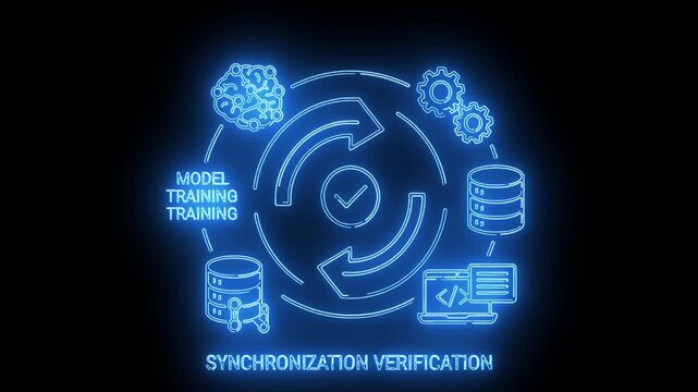 Neon-lit illustration of a data synchronization verification process with machine learning training elements on a black background.