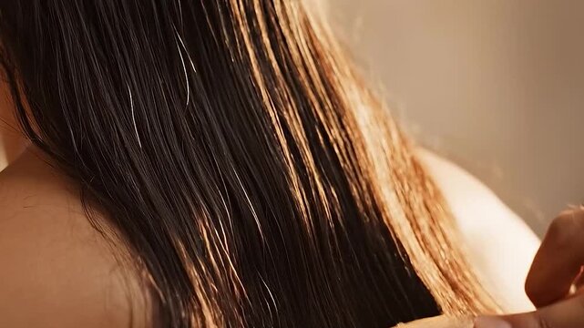 A wooden brush glides through long, shiny brown hair, showing smooth movement and health.
