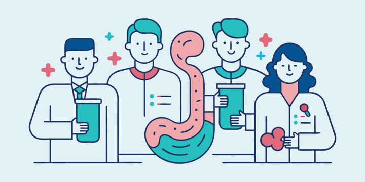 Four doctors in white lab coats standing together while examining a large anatomical illustration of a human stomach and digestive system in a laboratory setting.