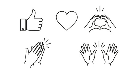 Set of Social Media Engagement Icons. Outline Hands, Heart, Thumbs Up, and Clapping Symbols. isolated PNG with Transparent Background