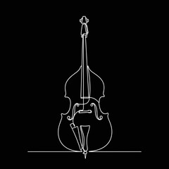 Linear drawing of double bass in white line on black background, concept of jazz music and string instrument  