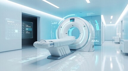 Modern medical mri machine in a futuristic hospital room with blue lighting
