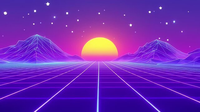 Retro 80s Synthwave Neon Grid Landscape Animation