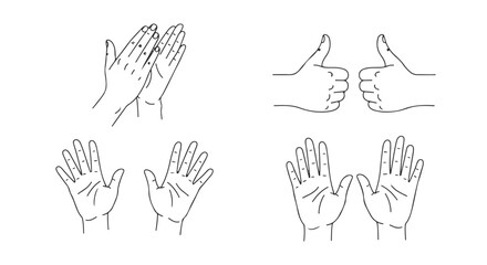 Fototapeta premium Line art hand gestures set. Clapping, thumbs up, and open palms. Isolated vector illustration. isolated PNG with Transparent Background