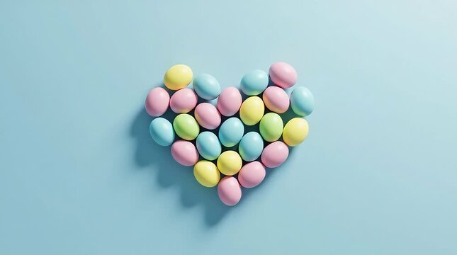 Pastel colored easter candy eggs meticulously arranged into a perfect heart shape symbolizes springtime love motion footage