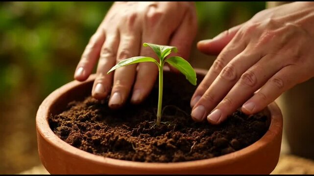 Hands planting a root ball into a pot filled with soil for gardening.