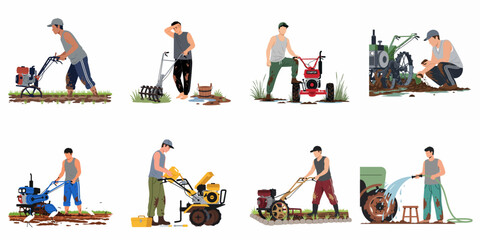 Set of vector illustrations showing farmers operating, refueling, maintaining, and cleaning two-wheel walking tractors in muddy agricultural paddy fields. © Nadya