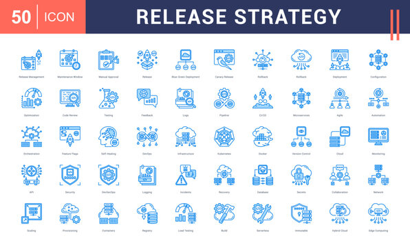 Release Strategy Icon Set. release management, maintenance window, manual approval, release, blue-green deployment and more. Blue Style vector icons collection.