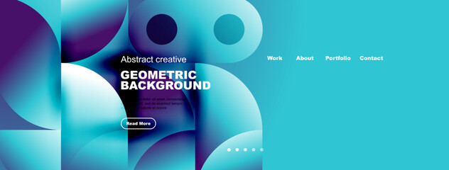 Naklejka premium Abstract geometric background design. Vibrant blue, purple hues dominate composition. Website header includes navigation options, call to action.
