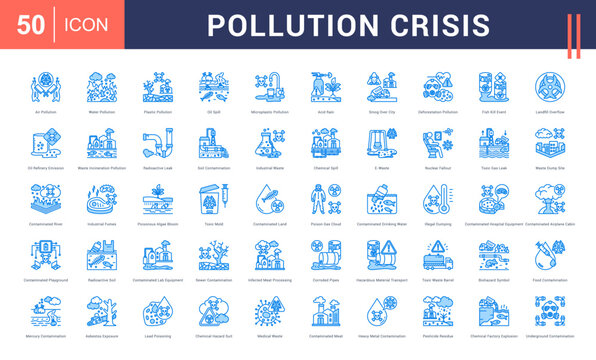 Pollution Crisis Icon Set. air pollution, water pollution, plastic pollution, oil spill, microplastic pollution and more. Blue Style vector icons collection.