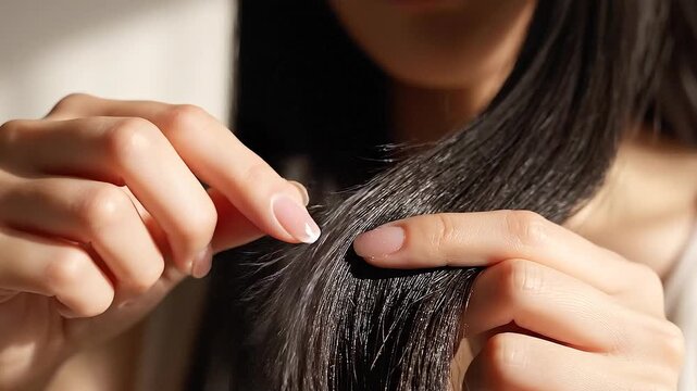 Extreme close-up of a woman&rsquo;s fingers inspecting the tips of her hair for split ends.