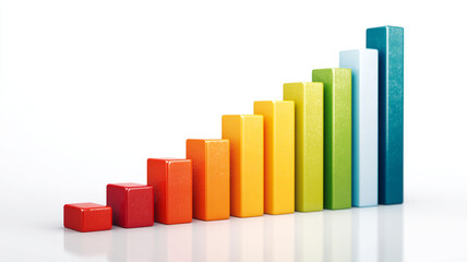 Colorful bar graph with increasing heights represents growth and success. bars transition from red to blue, symbolizing progress and positive trends