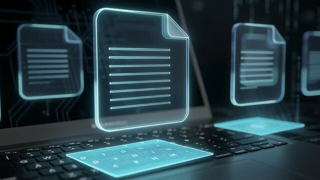 Futuristic digital data transfer with glowing document icons over laptop keyboard technology concept