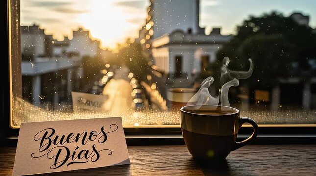 Steaming coffee cup and "Buenos Dias" note on a wooden table overlooking a blurred city street sunrise or sunset motion video.