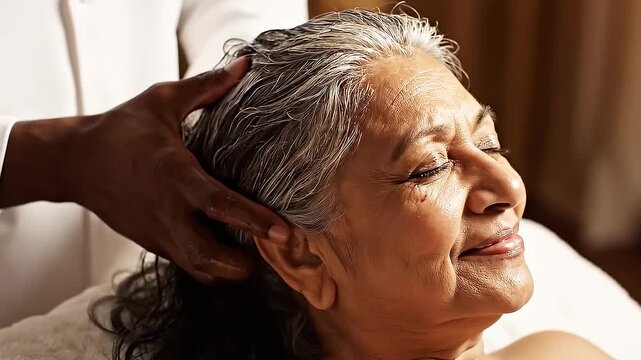 A woman receives a relaxing scalp massage with nourishing oil to promote hair health.