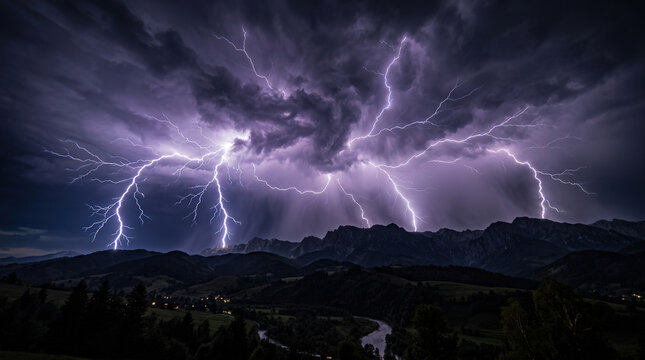 Dramatic Lightning Storm Over Mountain Landscape at Night with Powerful Thunderbolts