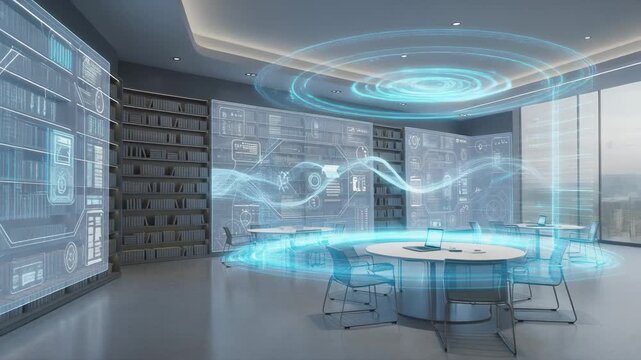 Futuristic modern office with holographic digital interfaces and advanced technology for innovative workspace