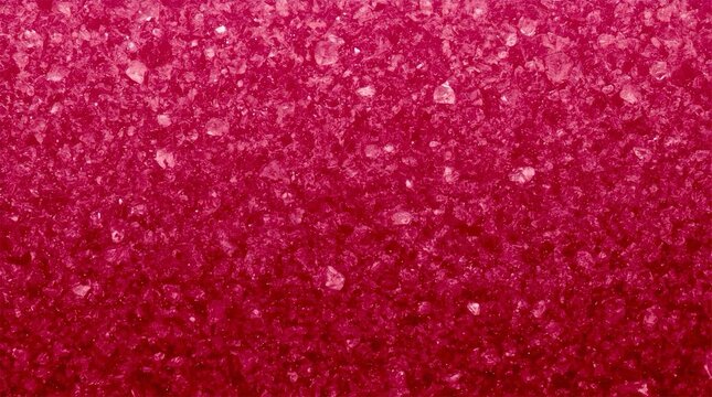 A macro photograph reveals a textured surface of deep crimson, adorned with countless translucent sugar crystals, each glinting with captured light.