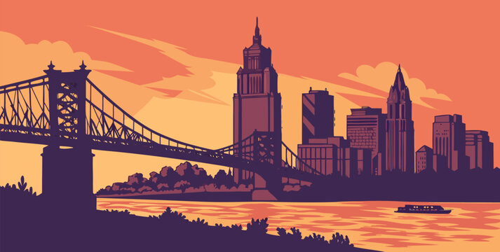 Cincinnati Downtown Sunset Skyline Silhouette with Ohio River Bridge. Vector